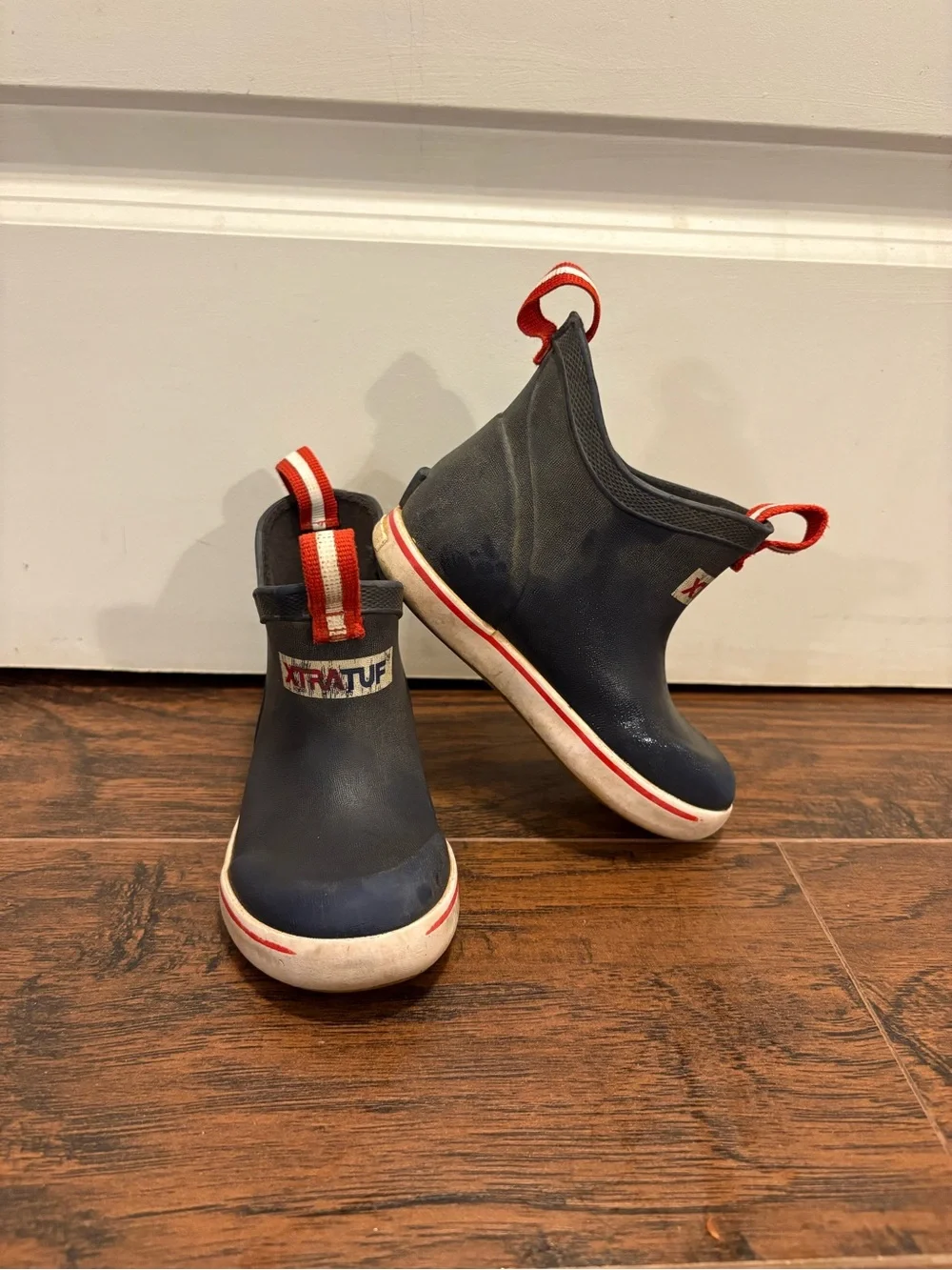XTRATUF Kids c8 or c9 Navy Waterproof Rain & Snow Boot (Red Trim)
